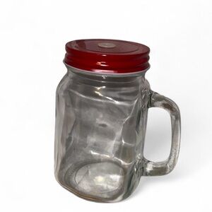 Glass Mason Jar Cup with Handle, Red Lid & Straw – 5” – Brand New